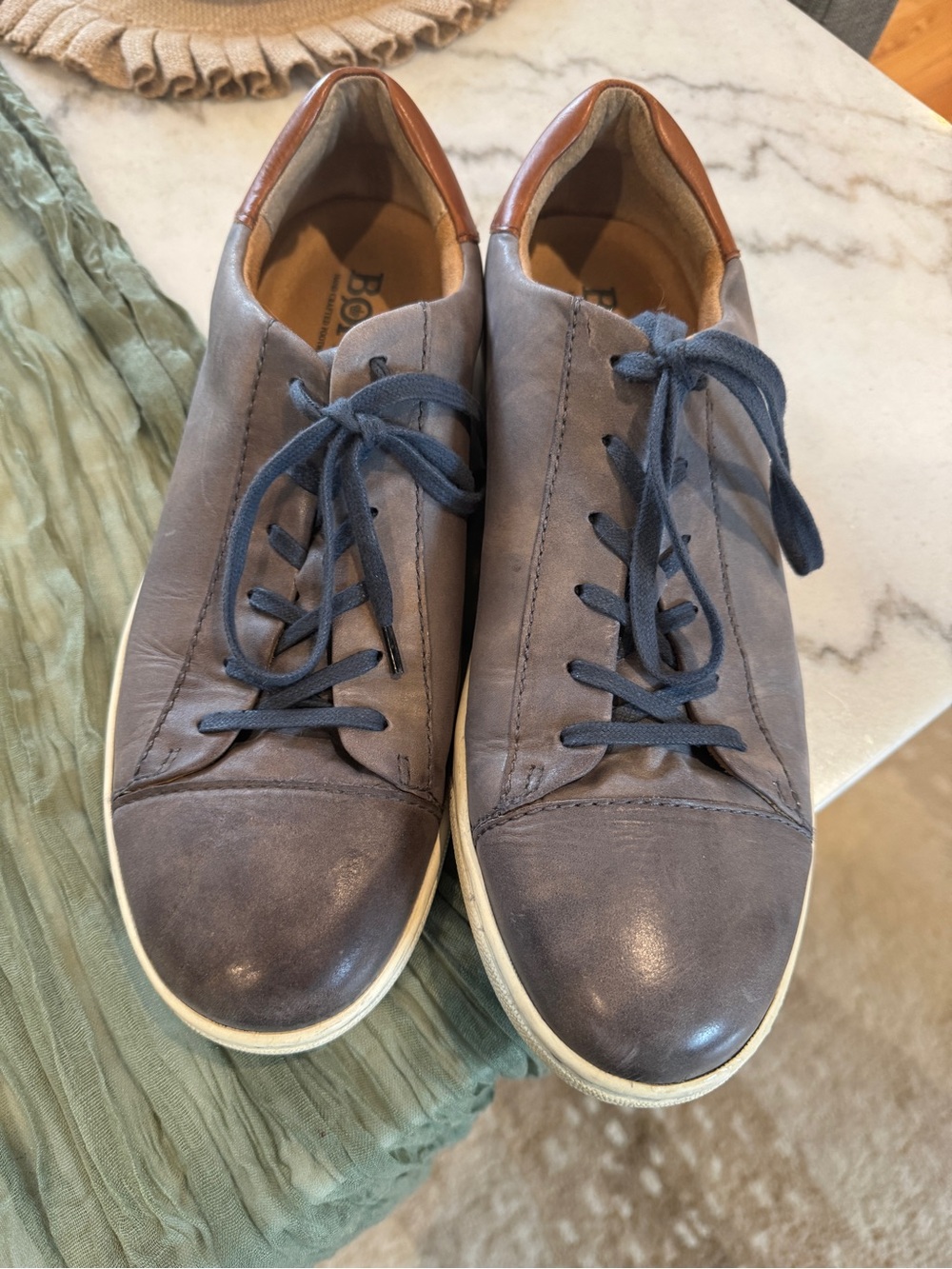 Born Men's Gray Leather Sneakers with Brown Collar and Blue Laces